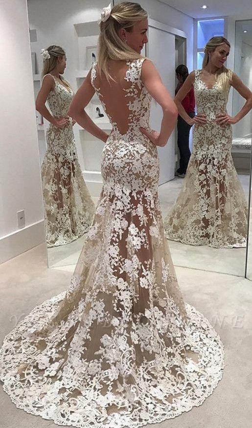 Ivory  Sheer Backless Lace Mermaid Designer Wedding Dress