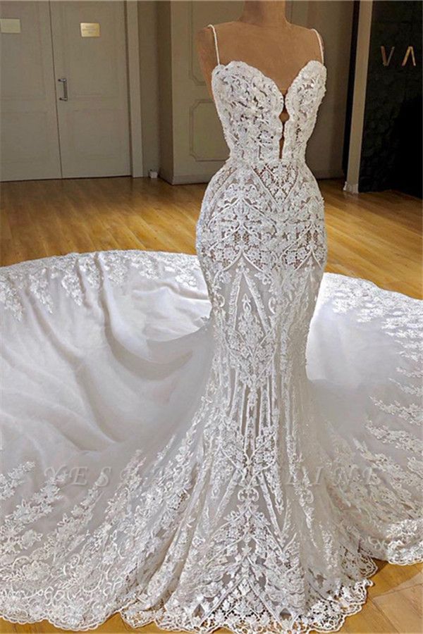 Amazing Spaghetti Straps Floor-length Mermaid Wedding Dress With Appliques Lace