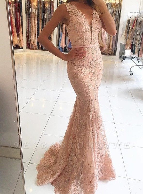 Sexy Mermaid Pink Lace Long Evening Dresses