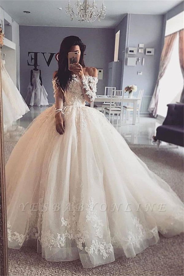 Off the Shoulder Lace Ball Gown Wedding Dresses with Long Sleeves ...