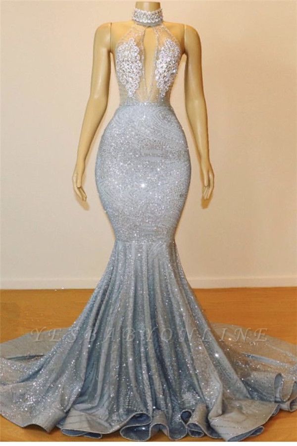 Brilliant Sequins High Neck Open Back Floor-length Mermaid Prom Dresses