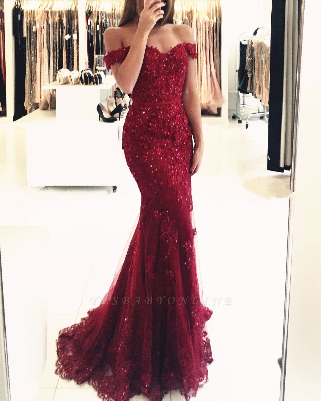 Long Mermaid Off the Shoulder Tulle Beaded Lace Burgundy Prom Dresses