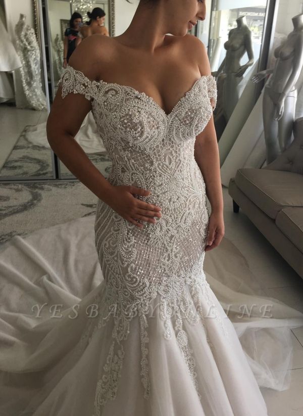 Glamorous Beaded Mermaid Wedding Dresses | Off-the-Shoulder Backless Bridal Gowns
