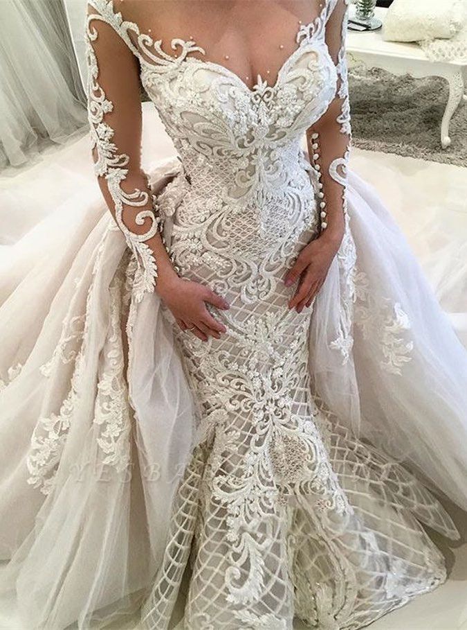Glamorous Long Sleeves Mermaid Lace Overskirt Wedding Dresses