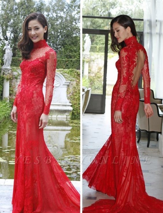 New Arrival Long-Sleeve Lace Appliques High-Neck Red Sexy Mermaid Prom Dress