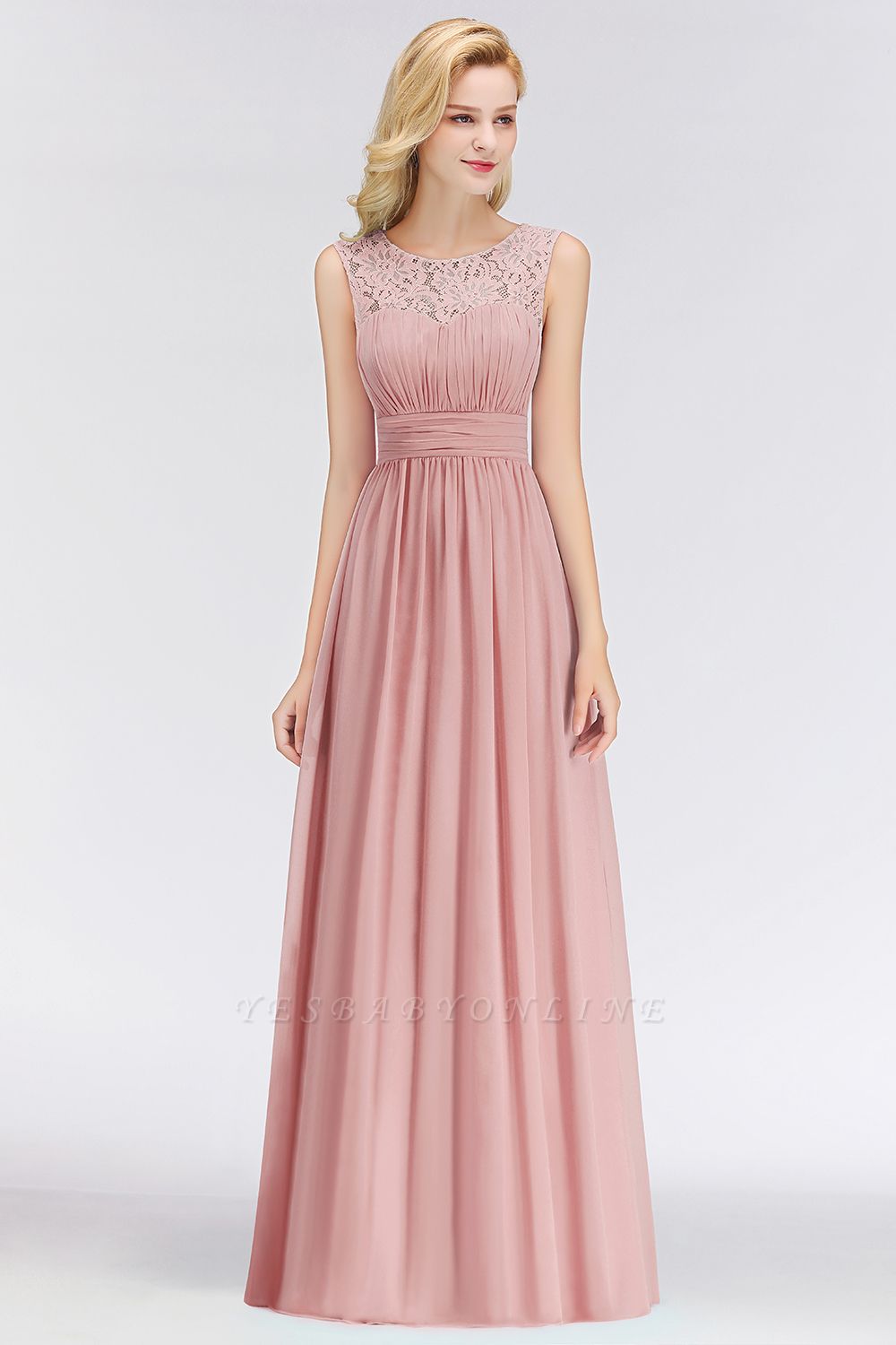 Long Lace Sleeveless Chiffon Scoop Elegant Bridesmaid Dress