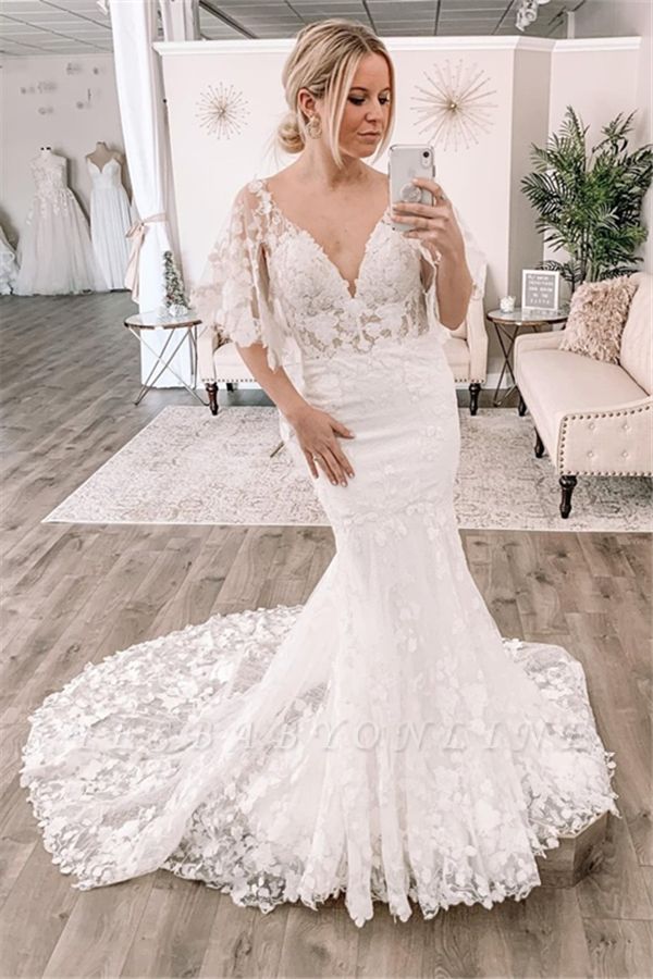 Sexy Short Sleeve Deep V Neck Lace Fitted Mermaid Wedding Dress