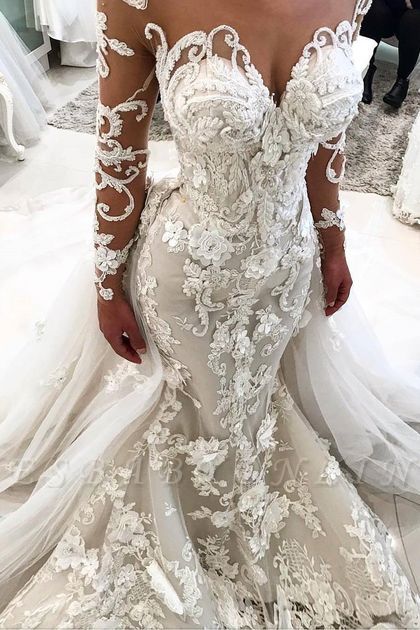Delicate Sexy Mermaid  Lace Appliques Wedding Dress | Long Sleeve Bridal Dress BA9786