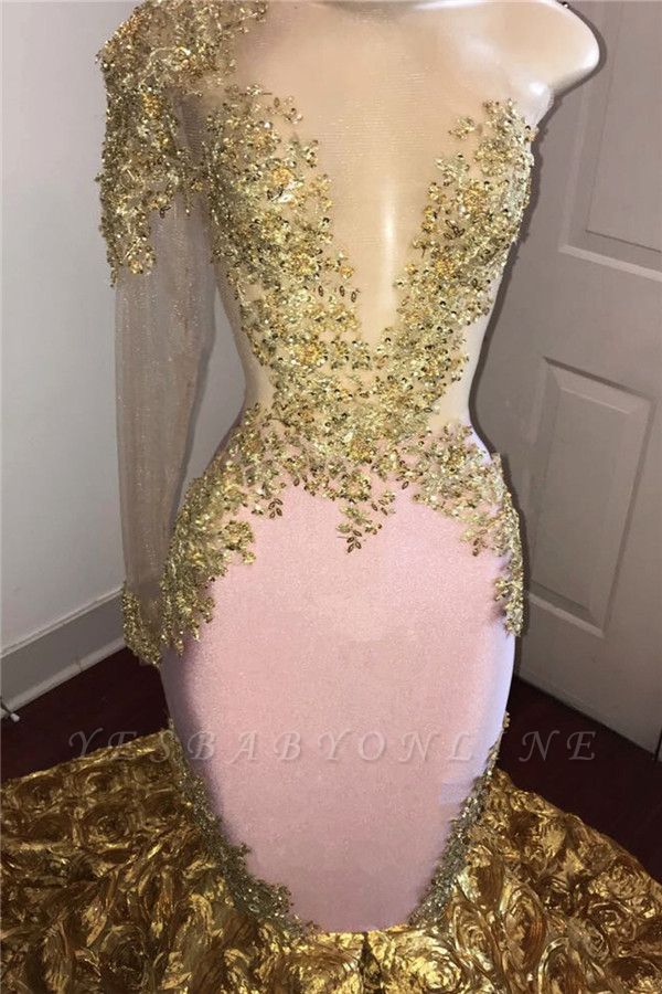 pink and gold mermaid prom dress