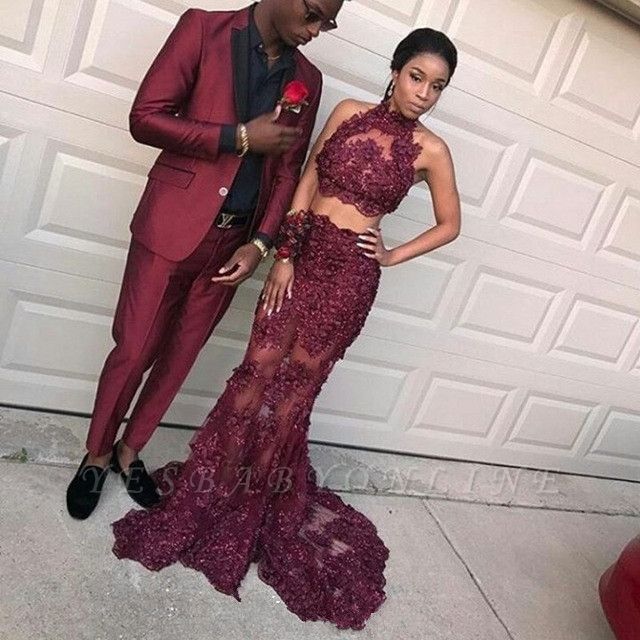 burgundy lace prom dress