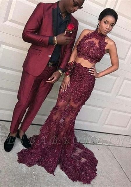 Dramatic Two Pieces Halter Prom Dresses | Sleeveless Burgundy Lace Evening Dresses