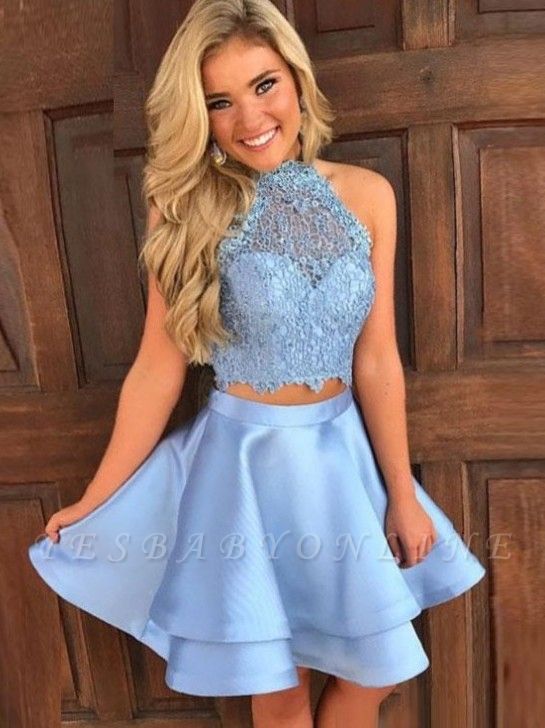 Cute Two Pieces Homecoming Dresses | A-Line Halter Neck Hoco Dresses