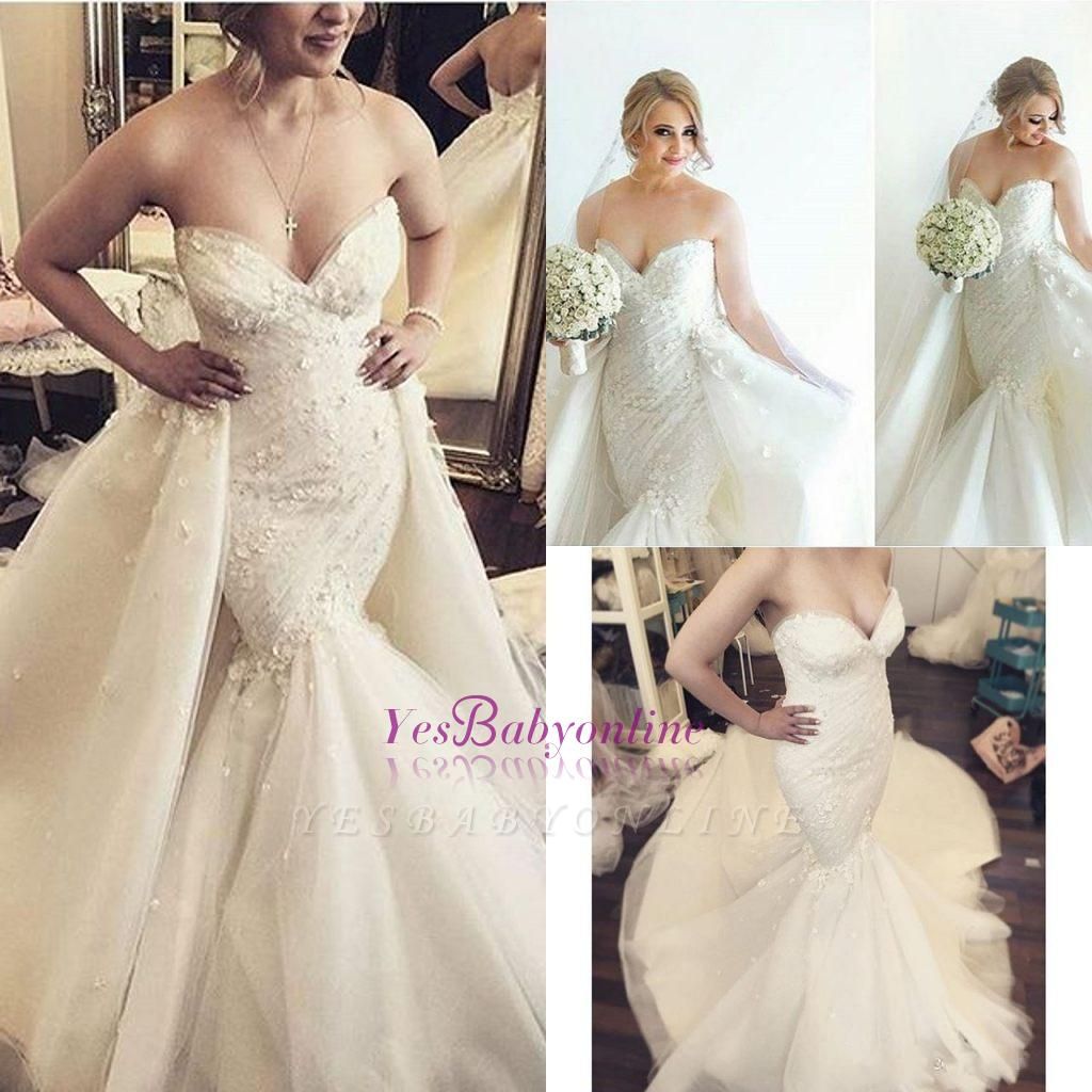 Floral Luxurious Strapless Ruffles Sleeveless Open-Back Detachable-Train Mermaid Wedding Dress