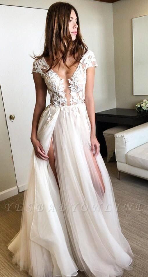 Short-Sleeves Side-Slit A-line Lace-Applique Tulle Exquisite Scoop Wedding Dresses