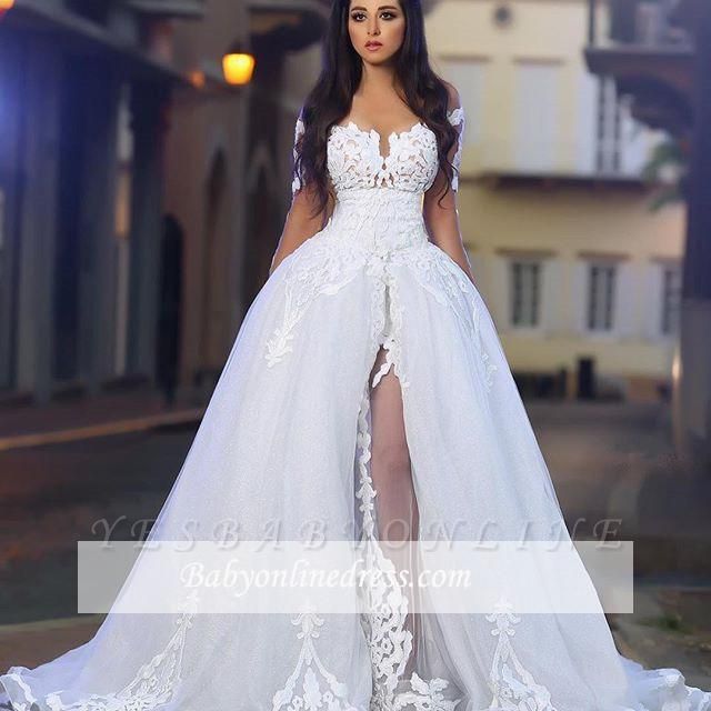 Princess Ball Gown Wedding Dresses | Glamorous White Appliques Bridal Gowns  with Overskirt