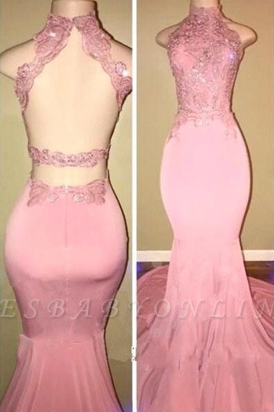 Mermaid Long Open-Back Pink High-Neck Prom Dresses
