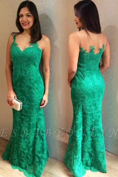 Green Lace Prom Dresses Sleeveless Simple Mermaid Evening Gowns