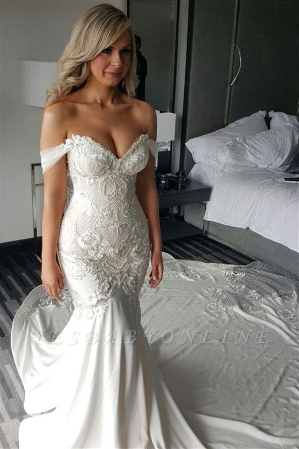 Exquisite Off-the-shoulder Train Lace-Appliques Mermaid Wedding Dress