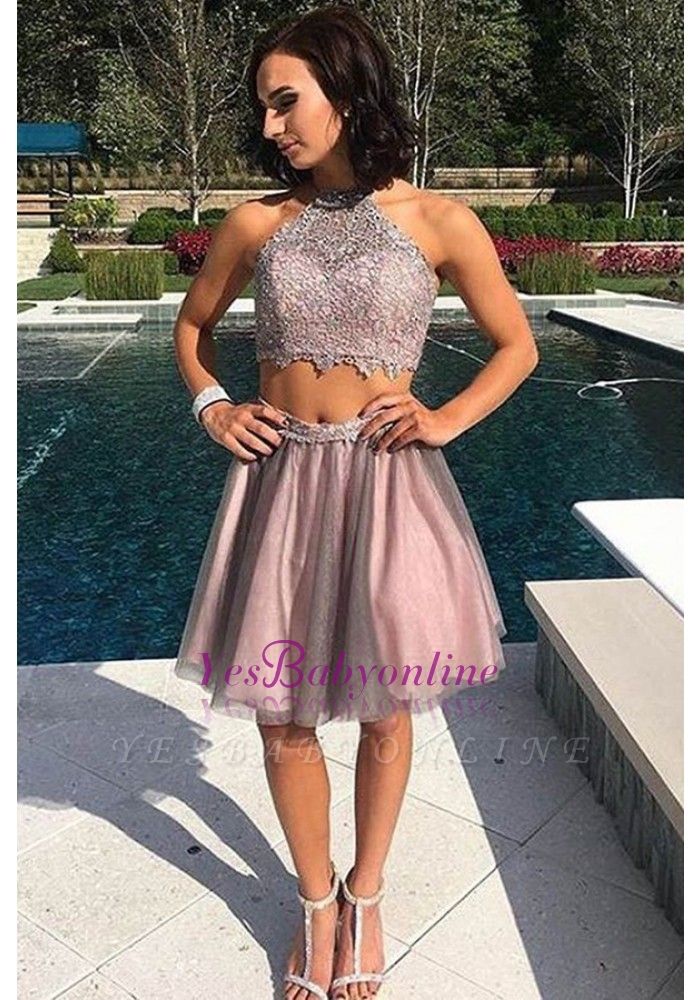 Lace Dresses Homecoming Sexy A-Line Two Pieces Halter  Lavender Cocktail Dresses