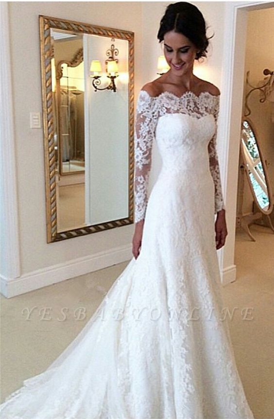 Lace Off-the-Shoulder Long Sleeves Glamorous A-line Wedding Dresses