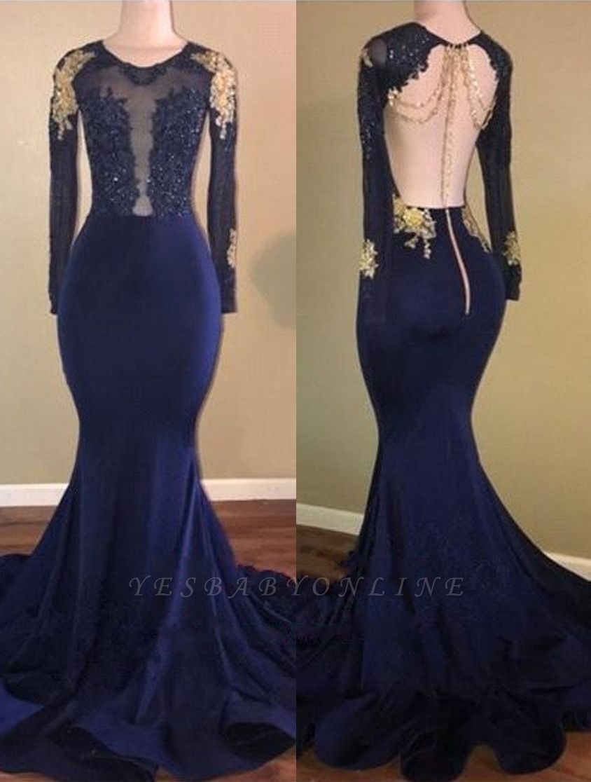 Gold-Appliques Navy-Blue Mermaid Long-Sleeves Sheer Prom Dresses ...