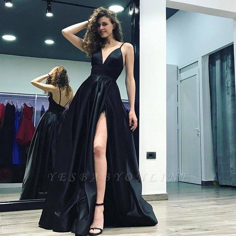 A Line Round Neck Beading Black Tulle Long Prom Dresses Black Formal Shiny Party