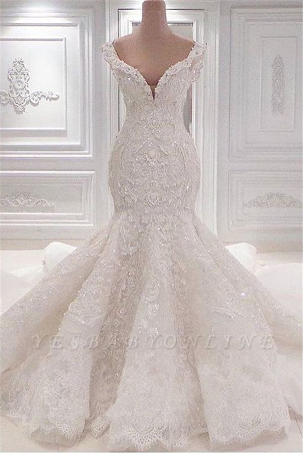 Gorgeous V-neck Appliques Lace Ruffles Sequins Mermaid Wedding Dress
