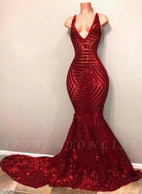V-Neck Mermaid Shiny Red Long Sequins Prom Dresses