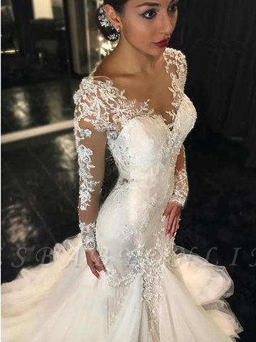 Long-Sleeves V-Neck Mermaid Beaded Sexy Sheer Lace Wedding Dresses
