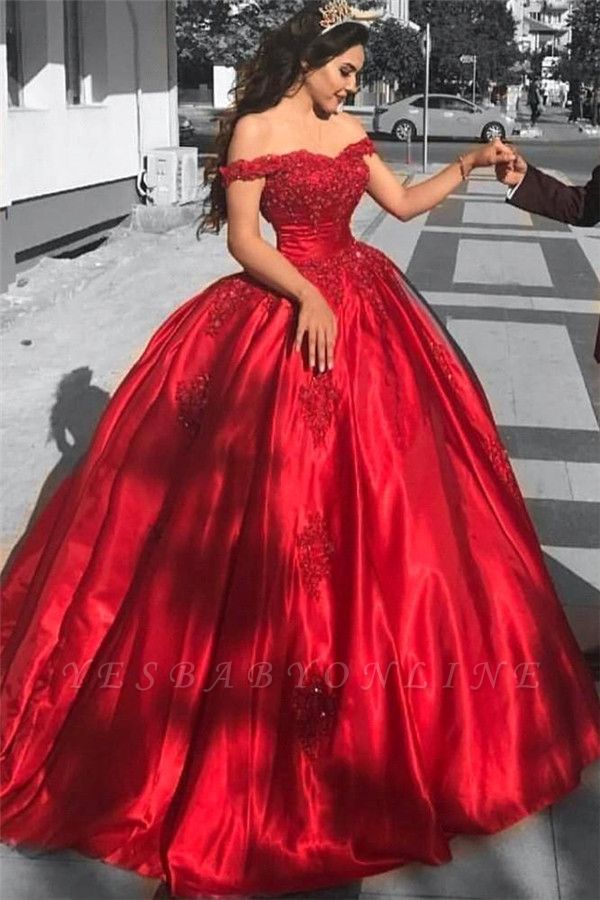 Red Off-the-Shoulder Prom Dresses | Ball-Gown Lace Evening Dresses