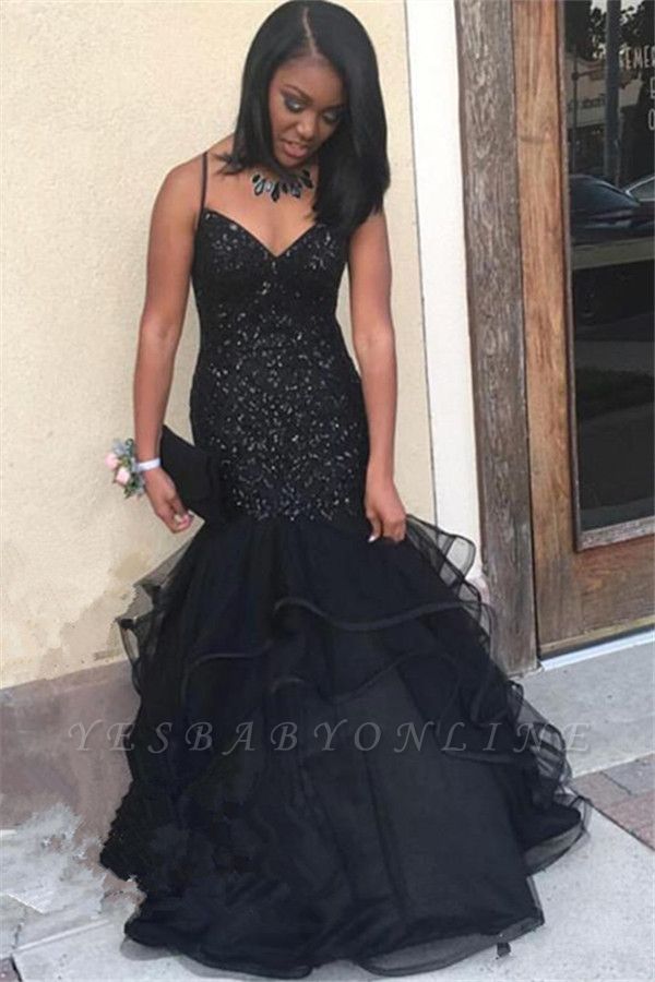 Black V-neck Spaghetti Prom Dresses | Sequins  Ruffles Evening Gowns