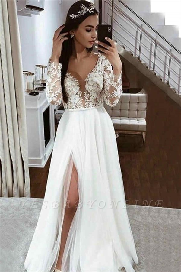 V Neck Long Sleeve Applique Lace Side Slit A Line Wedding Dresses