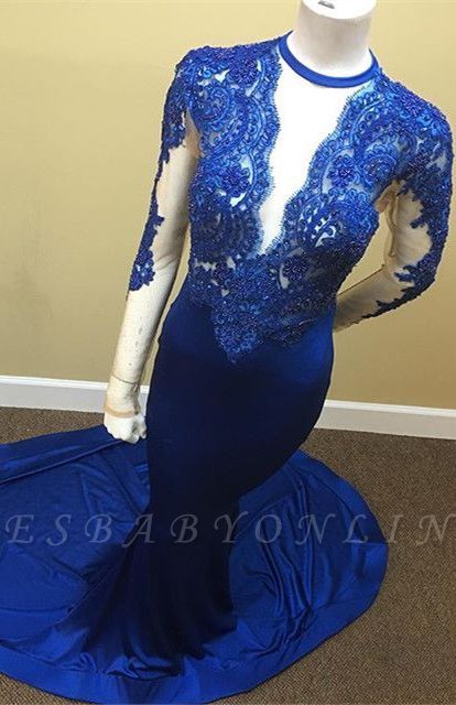 Appliques Long-Sleeve Scoop Lace Tulle Sheath Sheer Royal-Blue Prom Dress