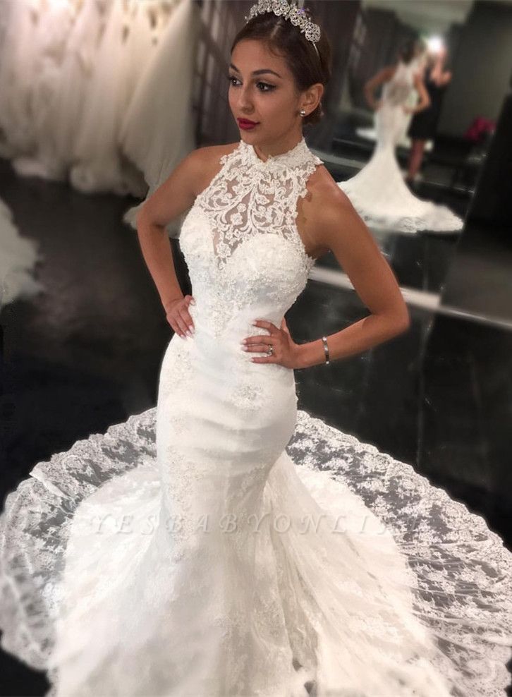 Newest Sweep-Train Mermaid Sleeveless High-Neck Lace Wedding Dress