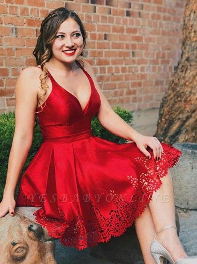Sexy Deep V-neck Spaghetti Straps A-Line Short Prom Dress With Appliques