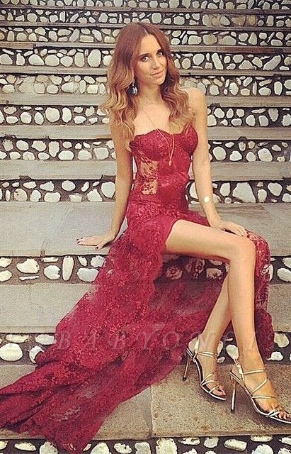 Burgundy Stunning Sweetheart Split Long Full-Lace Prom Dress