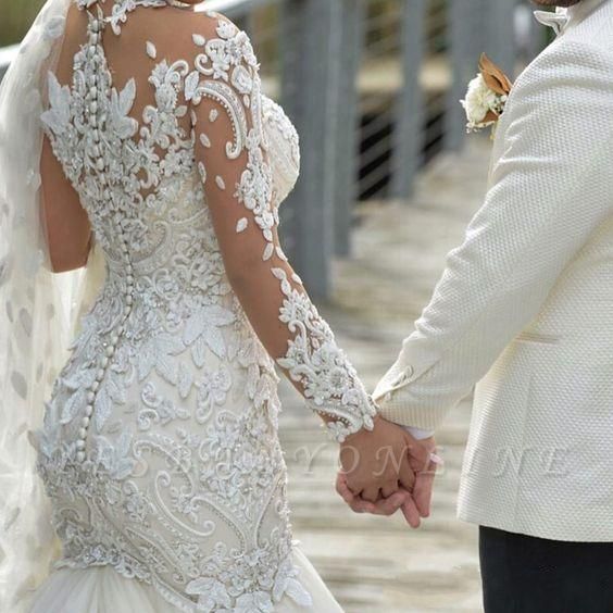 Charming Long Sleeves Appliques Beading Tulle Mermaid Wedding Dress