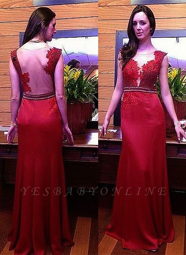 Glamorous Red Sleeveless Crystal Long Lace Appliques Evening Dress