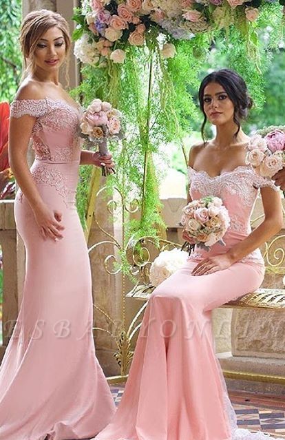 Elegant Blushing Pink Bridesmaid Dress Off-the-Shoulder Long Lace Appliques Maid of Honor Dresses