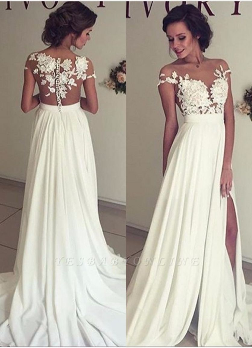 Glamorous Lace Appliques Side Slit A-line Chiffon Beach Wedding Dresses