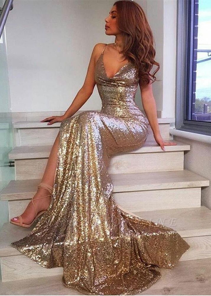 Gorgeous Sequins V-neck Spaghetti Straps Floor-length Mermaid Prom Dress With Split