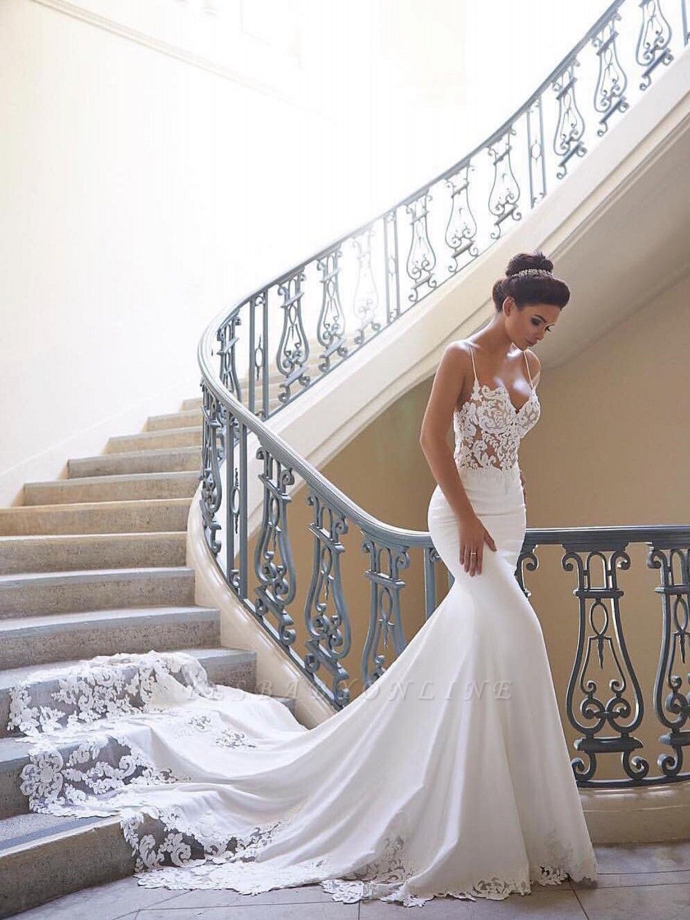 Sexy Spaghetti Strap Wedding Dress | Mermaid Chiffon Lace Bridal Dress