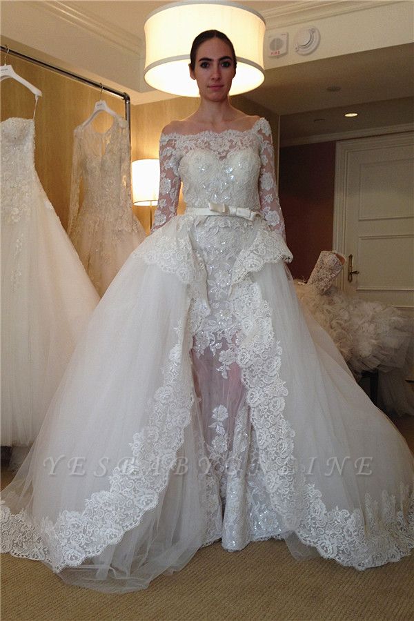 Elegant Bateau Long Sleeve Applique Beaded Detachable Skirt Sheath Wedding Dresses
