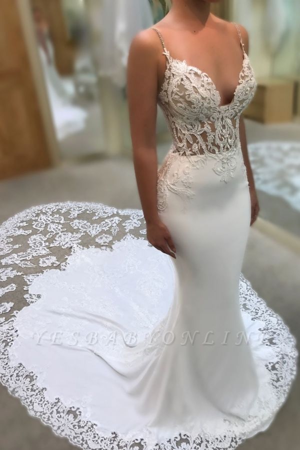 Mermaid Sweetheart Spaghetti Straps Wedding Dresses | Lace Appliques Wedding Gowns with Court Train