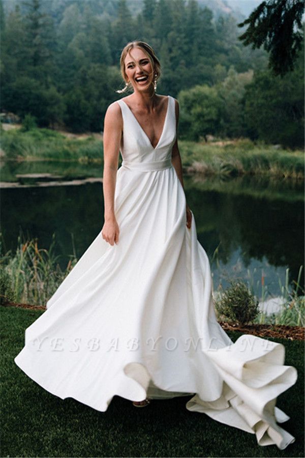V-neck Sleeveless A-line Stiff Wedding Dresses | Grace Bridal Gown