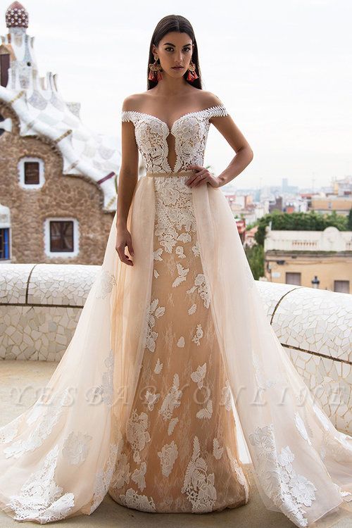Gorgeous Off The Shoulder Lace Column Wedding Dress With Detachable Skirt