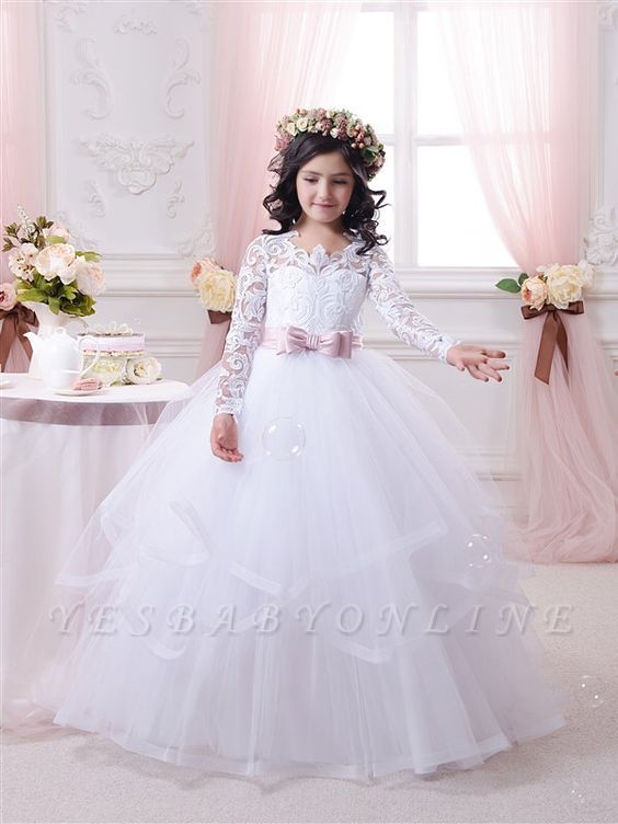 Ball-Gown Lace-Appliques Long-Sleeves Flower-Girl-Dresses