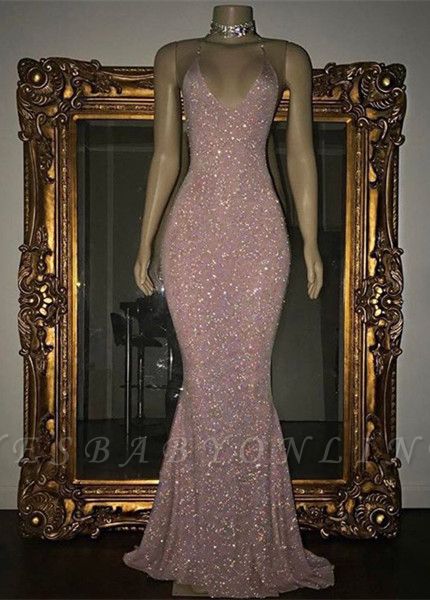 Stunning Sequins Mermaid Spaghetti Straps V-neck Floor-length Prom Dress