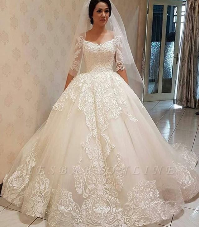 Glamorous Off-the-shoulder Half Sleeve Puffy Lace Wedding Dress ...