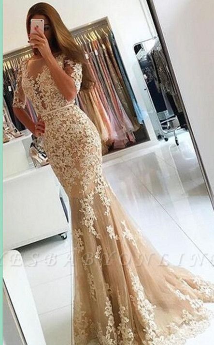 Champagne Lace Mermaid Prom Dresses Half-Long Sleeves Open Back Evening Dresses